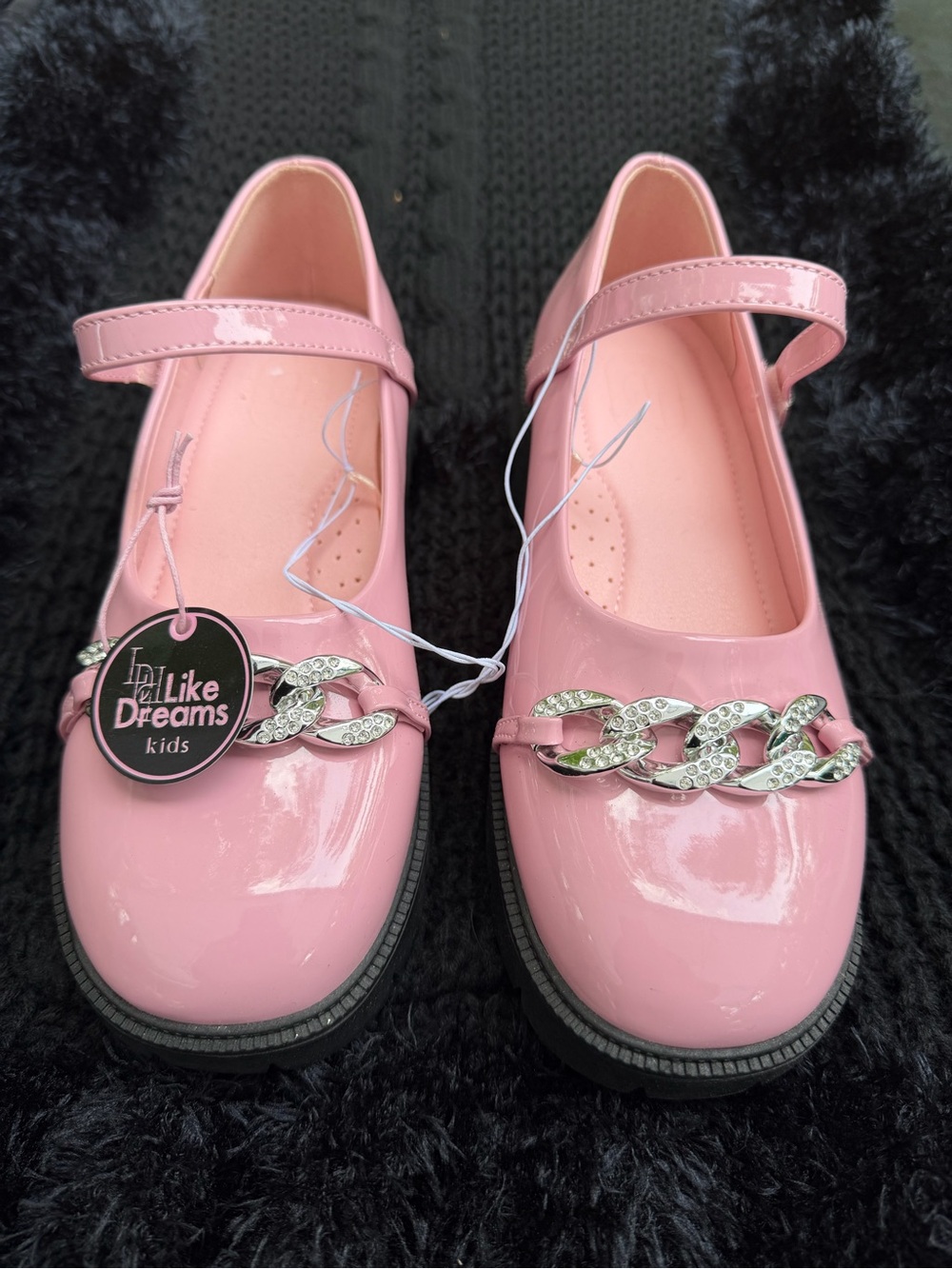 Like Dreams Kids Pink Patent Mary Janes with Crystal Chain Accent